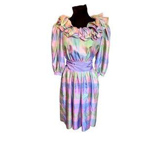Vintage 70s Donna Morgan for Nonstop ILWGU Clowncore Ruffle Pink Purple Dress 12